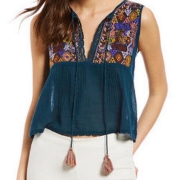 Free People Tops - Free People Lohri Embroidered Teal Top EUC SZS